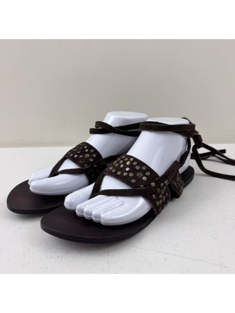 Free People Brown Leather Studded Ankle Wrap Sandals Size EU 38